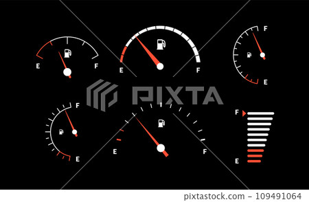 Fuel indicator meter or fuel gauge for petrol, gasoline, diesel level count. Control gas tank fullness. Set of fuel gauge scales icons. Car dial petrol gasoline dashboard. Vector illustration Fuel indicator meter or fuel gauge for petrol, gasoline, diesel level count. Control gas tank fullness. Set of fuel gauge scales icons. Car dial petrol gasoline dashboard. Vector illustration 109491064