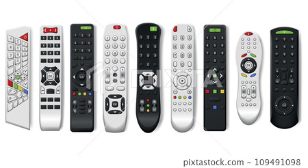 Tv remote controls with buttons in different designs. Wireless power media device to switch channel programmes remotely. Universal controllers of technology equipment, isolated vector illustration Tv remote controls with buttons in different designs. Wireless power media device to switch channel programmes remotely. Universal controllers of technology equipment, isolated vector illustration 109491098