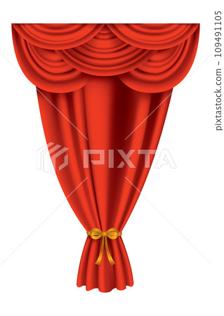 Red curtains realistic. Theater fabric silk decoration for movie cinema or opera hall. Curtains and draperies interior decoration object. Isolated on transparent for theater stage Red curtains realistic. Theater fabric silk decoration for movie cinema or opera hall. Curtains and draperies interior decoration object. Isolated on transparent for theater stage 109491105
