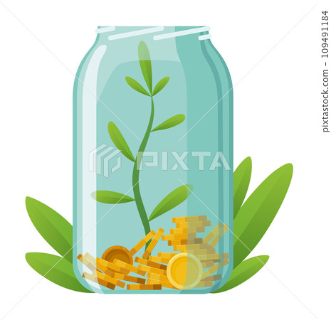 Investing bottle money, icon. Money growing concept, finance savings tree, finances investment. Money growing plant step with deposit coin in bank concept Investing bottle money, icon. Money growing concept, finance savings tree, finances investment. Money growing plant step with deposit coin in bank concept 109491184