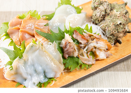 各種美味的貝類刺身 各種美味的貝類刺身 109491684