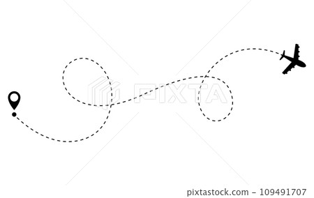 Airplane dotted route line. Path travel line shape. Flight route with start point and dash line trace for plane isolated vector illustration Airplane dotted route line. Path travel line shape. Flight route with start point and dash line trace for plane isolated vector illustration 109491707