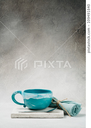 Large Tea Cup with Spoon and Napkin Stylish Photo Large Tea Cup with Spoon and Napkin Stylish Photo 109491840