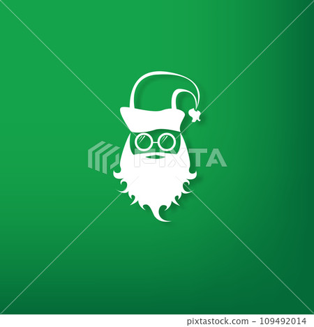 Vector white silhouette of Santa Claus with shadow isolated on green background. Santa Claus icon, print, badge and label design template. Funky christmas old man character with beard and mustache 109492014