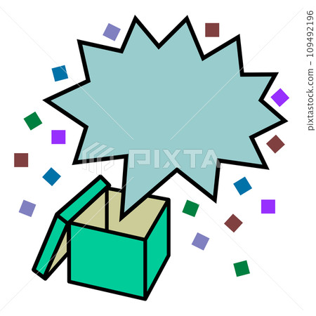 Illustration of a surprise box with confetti flying out of the box 109492196