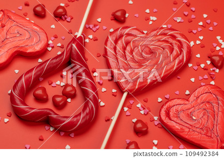Various red candy sweets lollipops Various red candy sweets lollipops 109492384