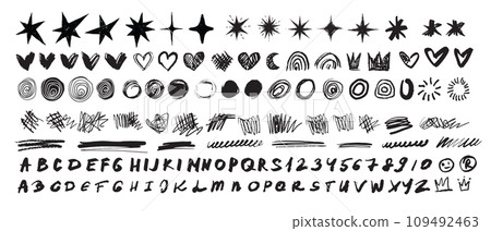 Scribble doodle paint underline children set, marker scratch, vector pen squiggle kit, black stoke.  109492463