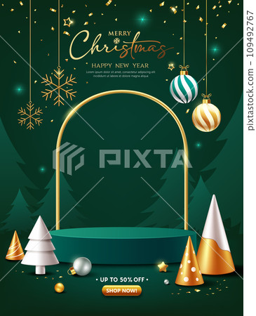 Merry christmas and happy new year, green podium display ornaments poster flyer design on green background Merry christmas and happy new year, green podium display ornaments poster flyer design on green background 109492767