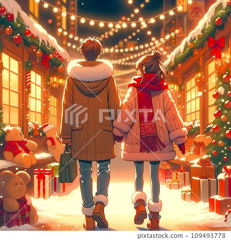 一對聖誕夫婦散步的後視圖。 90-80年代風格情感插畫 109493778