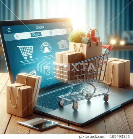 Product package boxes in cart with shopping bag and laptop computer with blurred web store shop. Product package boxes in cart with shopping bag and laptop computer with blurred web store shop. 109493835