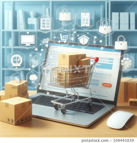 Product package boxes in cart with shopping bag and laptop computer with blurred web store shop. Product package boxes in cart with shopping bag and laptop computer with blurred web store shop. 109493839