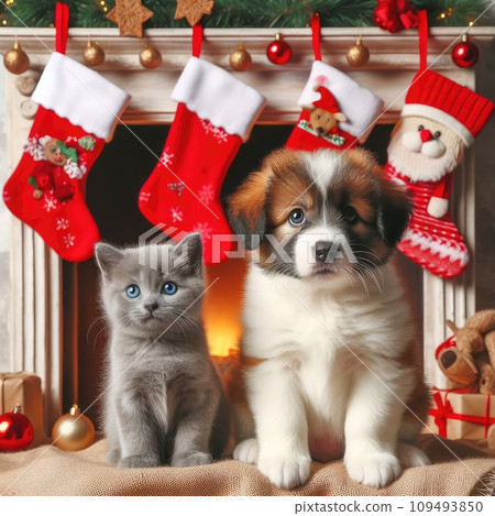 dog and cat and kitens wearing a santa hat, Christmas dog and cat dog and cat and kitens wearing a santa hat, Christmas dog and cat 109493850