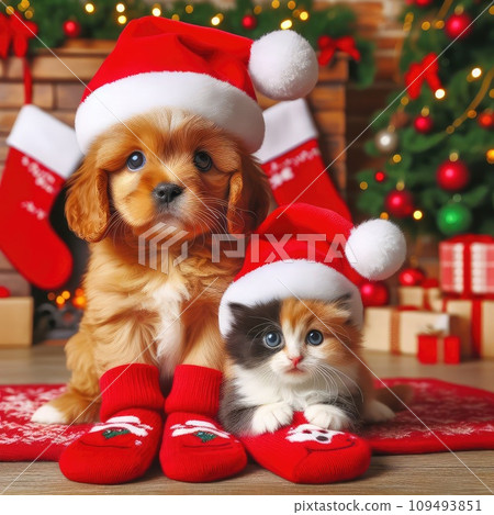 dog and cat and kitens wearing a santa hat, Christmas dog and cat dog and cat and kitens wearing a santa hat, Christmas dog and cat 109493851