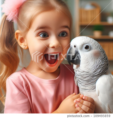 Making photo of exotic animals. Little girl with macaw parrot in the zoo 109493859