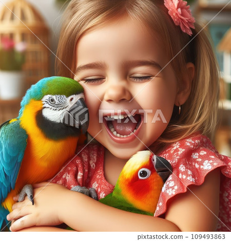 Making photo of exotic animals. Little girl with macaw parrot in the zoo Making photo of exotic animals. Little girl with macaw parrot in the zoo 109493863