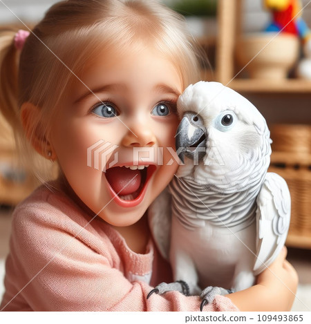 Making photo of exotic animals. Little girl with macaw parrot in the zoo 109493865