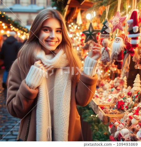 Christmas decoration item for tree, bakeware for cooking and teddy bears and dogs on fair market stall or gift shop. 109493869