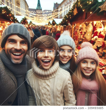 children on traditional Christmas fair. Kids enjoying sweets, candies and gingerbread on Xmas market children on traditional Christmas fair. Kids enjoying sweets, candies and gingerbread on Xmas market 109493885