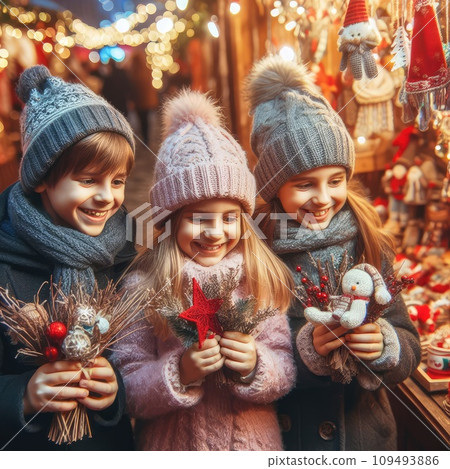 children on traditional Christmas fair. Kids enjoying sweets, candies and gingerbread on Xmas market 109493886