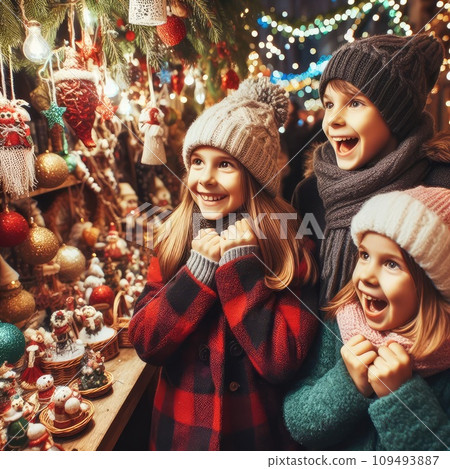 children on traditional Christmas fair. Kids enjoying sweets, candies and gingerbread on Xmas market children on traditional Christmas fair. Kids enjoying sweets, candies and gingerbread on Xmas market 109493887
