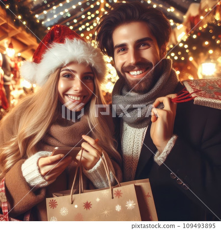 Photo of positive couple having fun christmas x-mas around evening outside Photo of positive couple having fun christmas x-mas around evening outside 109493895