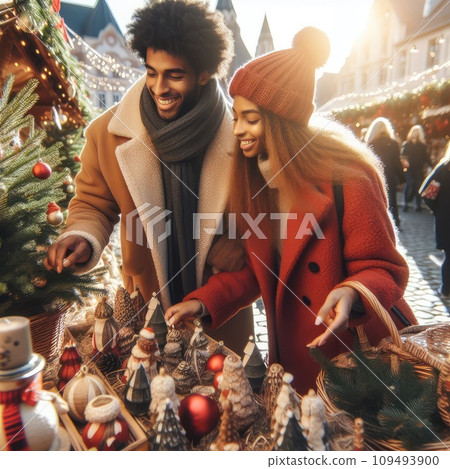 Photo of positive couple having fun christmas x-mas around evening outside 109493900