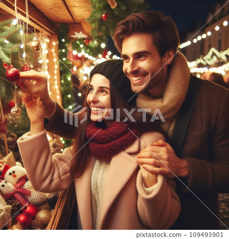 Photo of positive couple having fun christmas x-mas around evening outside 109493901