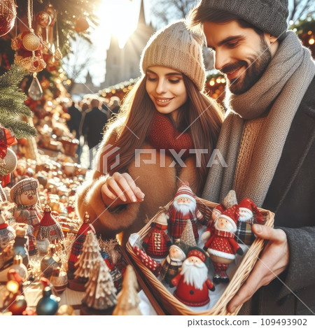 Photo of positive couple having fun christmas x-mas around evening outside 109493902