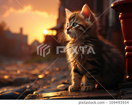Sunset and kitten_XL (AI generated image/AI illustration) 109493934