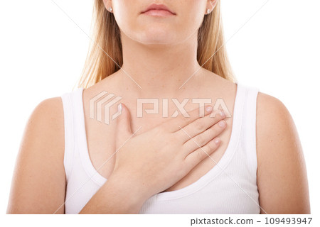 Check, heart and woman with hand on chest with blood pressure, pulse or wellness in white background. Studio, closeup and person gesture to anxious heartbeat, health care and cardiology mockup space 109493947