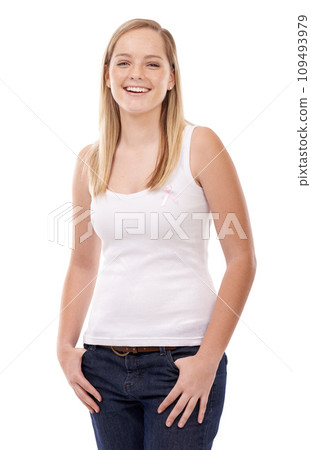 Happy portrait, breast cancer ribbon and woman smile for studio recovery, awareness campaign or support. Survivor empowerment, health sign or pride in disease recognition movement on white background Happy portrait, breast cancer ribbon and woman smile for studio recovery, awareness campaign or support. Survivor empowerment, health sign or pride in disease recognition movement on white background 109493979
