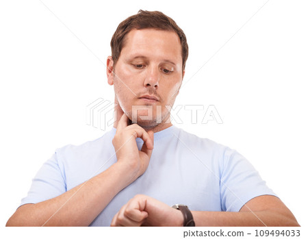 Neck pulse, watch and man check heart rate for body wellness, physical assessment or health test. Studio smartwatch, wrist clock time and person monitor heartbeat isolated on white background Neck pulse, watch and man check heart rate for body wellness, physical assessment or health test. Studio smartwatch, wrist clock time and person monitor heartbeat isolated on white background 109494033