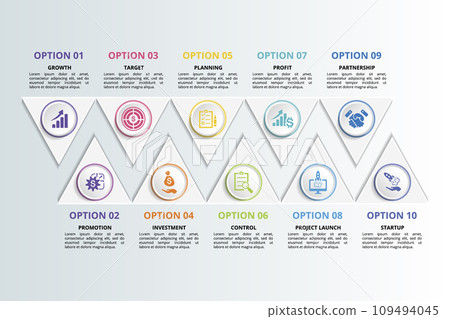 Infographics with Start Up theme icons, 10 steps. Such as growth, promotion, target, investment and more. Infographics with Start Up theme icons, 10 steps. Such as growth, promotion, target, investment and more. 109494045