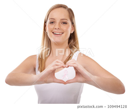 Portrait, breast cancer ribbon or happy woman heart hands, studio awareness campaign or survivor support. Emoji care icon, health sign or girl love in disease recognition movement on white background Portrait, breast cancer ribbon or happy woman heart hands, studio awareness campaign or survivor support. Emoji care icon, health sign or girl love in disease recognition movement on white background 109494128