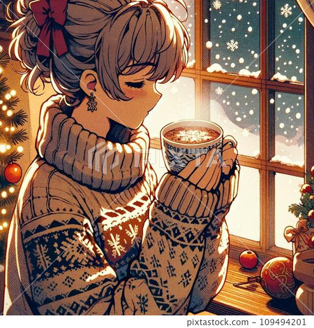 聖誕節時，一個可愛的女孩穿著可愛袖子的毛衣，喝著溫暖的拿鐵咖啡 109494201