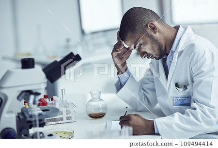 Science, medical research and lab technician working on innovation, development and discovery of breakthrough technology in medicine. Serious scientist thinking about medication and treatment 109494414