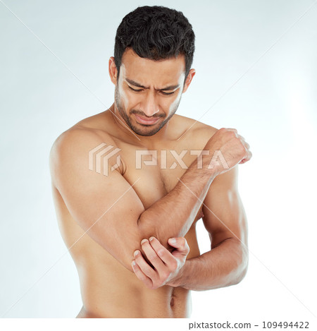 Arm pain, stress and asian fitness man in studio with muscle tension, arthritis or inflammation on white background. Elbow, injury and Japanese male model with fibromyalgia, osteoporosis or emergency Arm pain, stress and asian fitness man in studio with muscle tension, arthritis or inflammation on white background. Elbow, injury and Japanese male model with fibromyalgia, osteoporosis or emergency 109494422