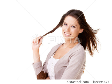 Hair, twirl and portrait of woman with fashion for casual style in white background or studio. Happy, person and girl relax with confidence, pride and smile in mockup space or thinking of haircut Hair, twirl and portrait of woman with fashion for casual style in white background or studio. Happy, person and girl relax with confidence, pride and smile in mockup space or thinking of haircut 109494675