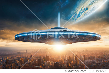 UFO an alien plate hovering over the field hovering motionless in the air Unidentified flying object, alien invasion, extraterrestrial life space travel, humanoid spaceship mixed medium Playground Ai 109494725