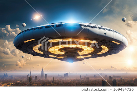UFO an alien plate hovering over the field hovering motionless in the air Unidentified flying object, alien invasion, extraterrestrial life space travel, humanoid spaceship mixed medium Playground Ai 109494726