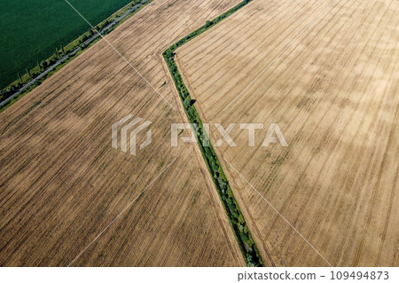 An old irrigation canal overgrown with trees among a wheat field, aerial view. Dry irrigation canal in the field, landscape. An old irrigation canal overgrown with trees among a wheat field, aerial view. Dry irrigation canal in the field, landscape. 109494873
