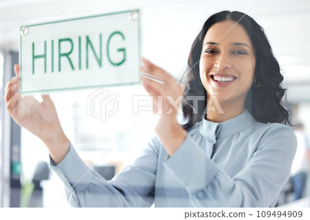Business woman, hiring poster and portrait with smile for welcome, talent or human resources office. Manager, person and happy with sign for recruitment drive for employees, onboarding or opportunity 109494909