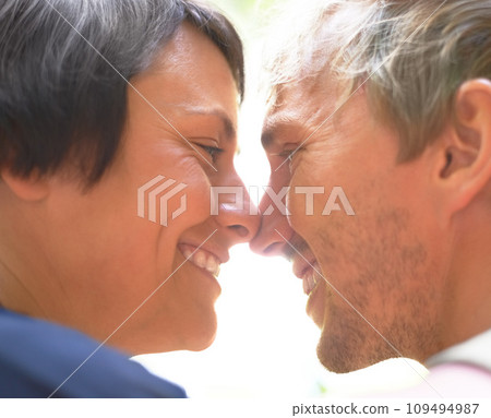 Nose touch, smile or love of couple together outdoor, healthy relationship or connection in summer. Man, woman or romantic people bonding, support or trust, face profile or intimate date in affection Nose touch, smile or love of couple together outdoor, healthy relationship or connection in summer. Man, woman or romantic people bonding, support or trust, face profile or intimate date in affection 109494987