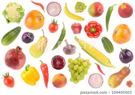 Collection beautiful bright vegetables and fruits isolated on white 109495003