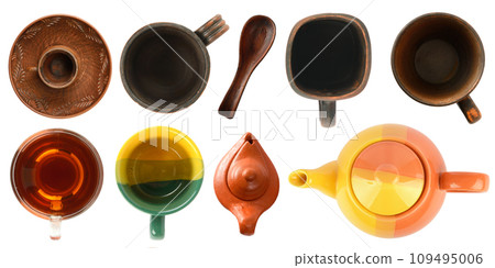 Variety of clay and ceramic utensils for making tea isolated on white. Top view. 109495006