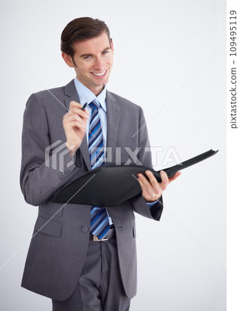 Portrait, documents and schedule with a business man in studio on a white background for planning or strategy. Smile, contract or file for paper with a happy young employee in a corporate suit Portrait, documents and schedule with a business man in studio on a white background for planning or strategy. Smile, contract or file for paper with a happy young employee in a corporate suit 109495119