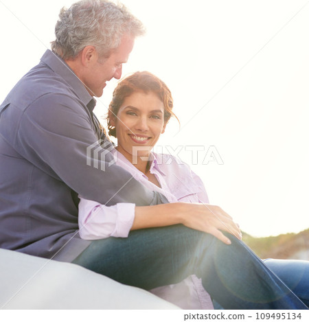 Mature, couple and portrait of hug on holiday, vacation or outdoor sunshine in morning with nature. Happy woman, smile and man with love, respect and gratitude for marriage and partnership together Mature, couple and portrait of hug on holiday, vacation or outdoor sunshine in morning with nature. Happy woman, smile and man with love, respect and gratitude for marriage and partnership together 109495134