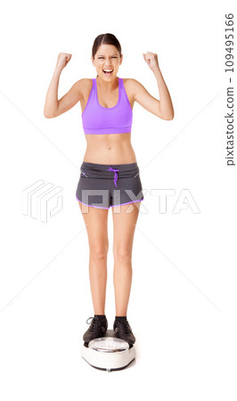Scale, portrait and woman success with celebration, happy and excited from health progress. Workout, fitness and sport training of a female person in studio with white background and wellness 109495166