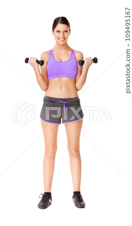 Woman, portrait and happy with dumbbells in studio for exercise, workout or training for fitness. Athlete, person and face with smile or mock up for physical activity and wellness on white background Woman, portrait and happy with dumbbells in studio for exercise, workout or training for fitness. Athlete, person and face with smile or mock up for physical activity and wellness on white background 109495167
