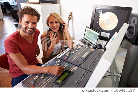 Recording studio, music and portrait of producer for collaboration on song, track and radio. Technology, digital musician and happy man and woman for sound engineer or technician for media production 109495197